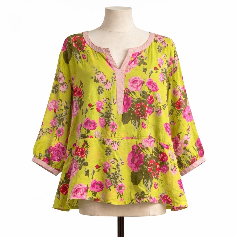 Floral 100% Cotton Lightweight Tunic Size L Green 3/4 Sleeve Relaxed Romantic